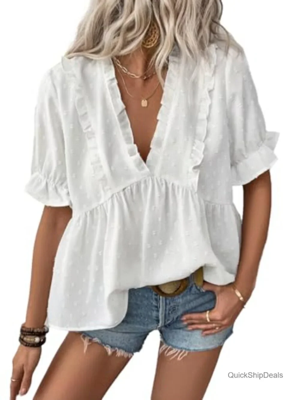 Swiss Dot Ruffle Blouse - Boho V-Neck Short Sleeve Top